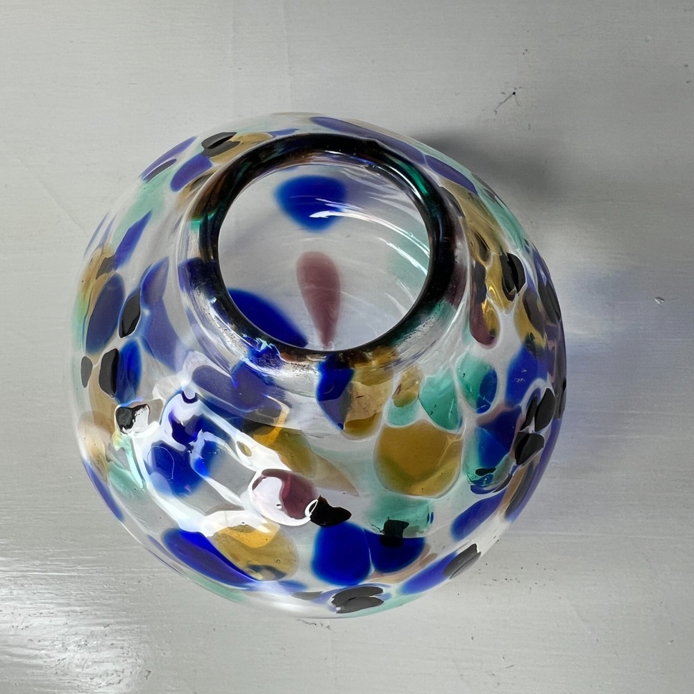 Vintage Signed Studio Art Glass Vase 4 in Cobalt Blue Amber Aqua Spot Pattern - Picture 4 of 10